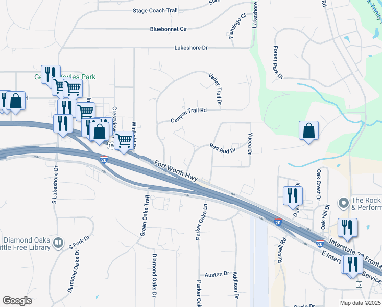 map of restaurants, bars, coffee shops, grocery stores, and more near 105 Primrose Drive in Weatherford
