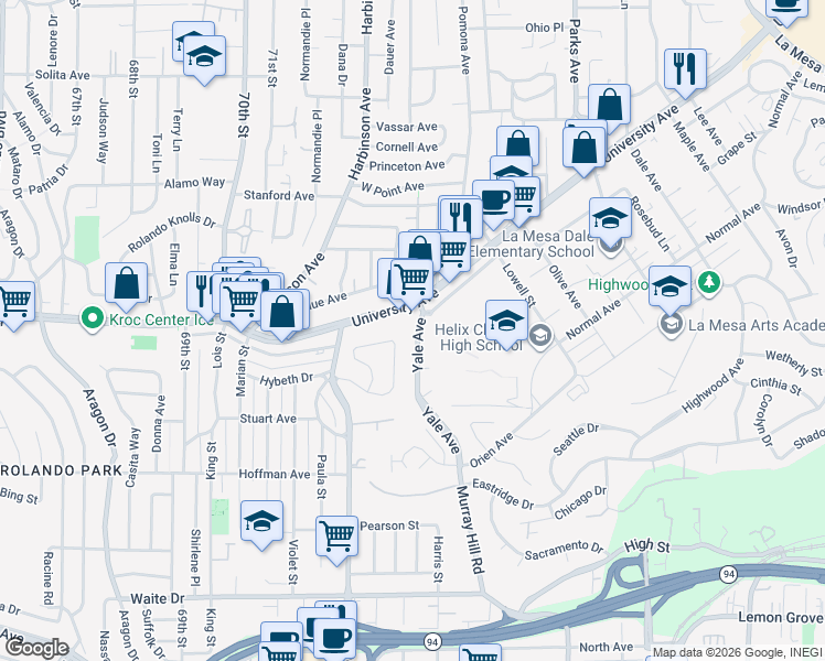 map of restaurants, bars, coffee shops, grocery stores, and more near 4160 Yale Avenue in La Mesa