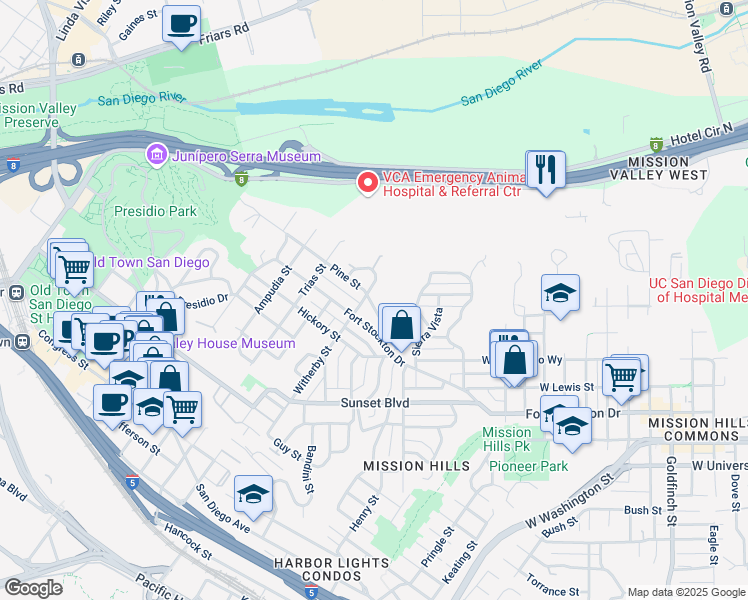 map of restaurants, bars, coffee shops, grocery stores, and more near 2172 Pine Street in San Diego