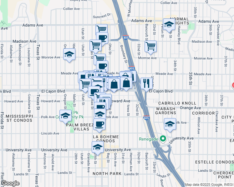 map of restaurants, bars, coffee shops, grocery stores, and more near 3085-87 El Cajon Boulevard in San Diego