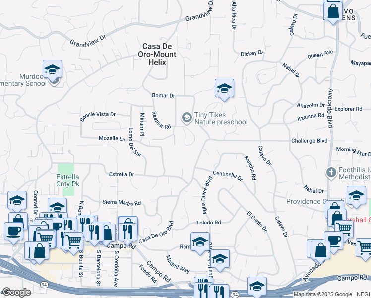 map of restaurants, bars, coffee shops, grocery stores, and more near 4255 Crestview Drive in La Mesa