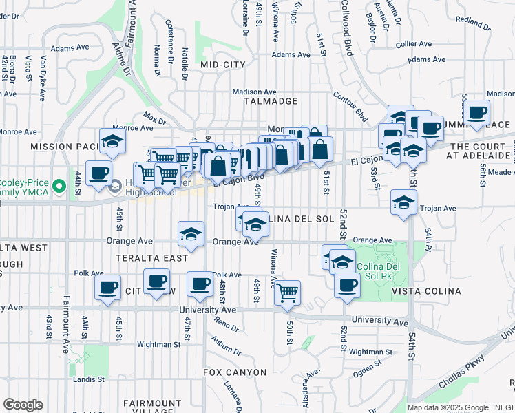 map of restaurants, bars, coffee shops, grocery stores, and more near Trojan Avenue & 49th Street in San Diego