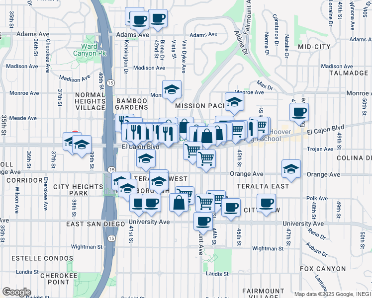 map of restaurants, bars, coffee shops, grocery stores, and more near 4283 El Cajon Boulevard in San Diego