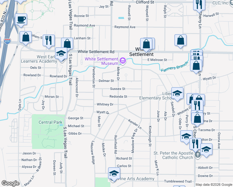 map of restaurants, bars, coffee shops, grocery stores, and more near 412 Mirike Drive in White Settlement