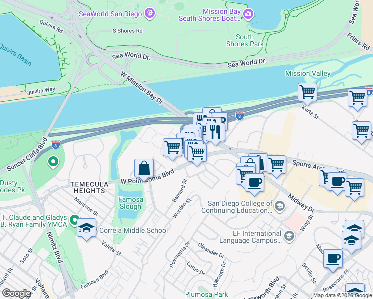 map of restaurants, bars, coffee shops, grocery stores, and more near 4202 Loma Riviera Lane in San Diego