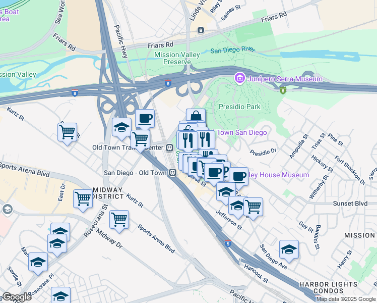 map of restaurants, bars, coffee shops, grocery stores, and more near 4002 Wallace Street in San Diego