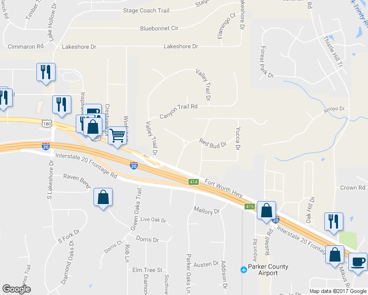 map of restaurants, bars, coffee shops, grocery stores, and more near 3600 Red Bud Drive in Weatherford