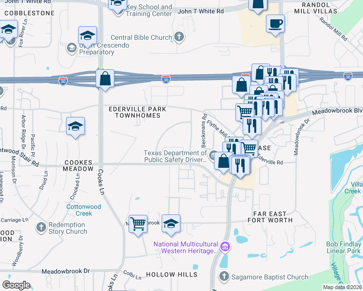 map of restaurants, bars, coffee shops, grocery stores, and more near 1600 East Square Street in Fort Worth