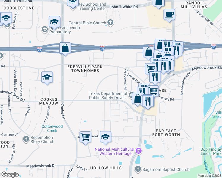 map of restaurants, bars, coffee shops, grocery stores, and more near 1600 East Square Street in Fort Worth