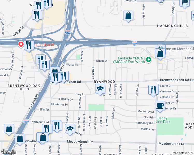 map of restaurants, bars, coffee shops, grocery stores, and more near 1533 Terbet Lane in Fort Worth