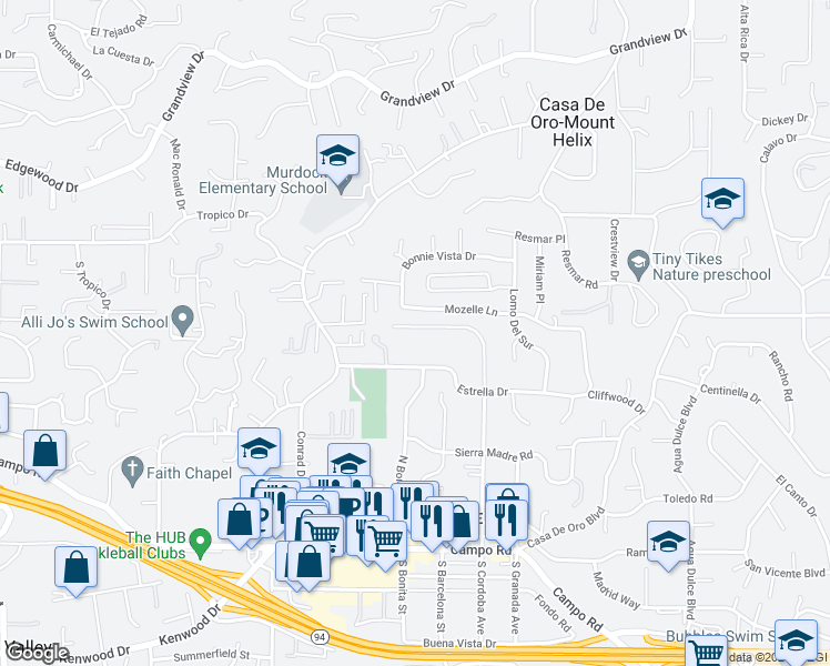 map of restaurants, bars, coffee shops, grocery stores, and more near 9859 San Cristobal Road in Spring Valley