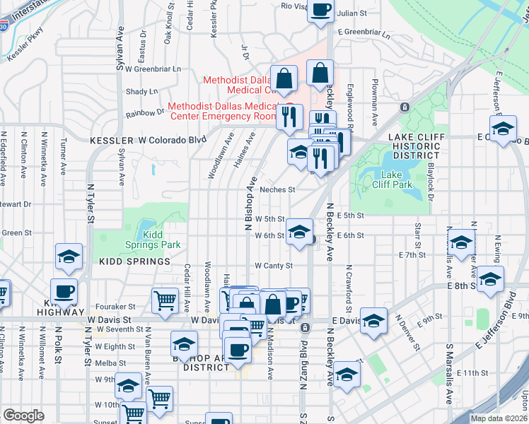 map of restaurants, bars, coffee shops, grocery stores, and more near 1011 North Madison Avenue in Dallas