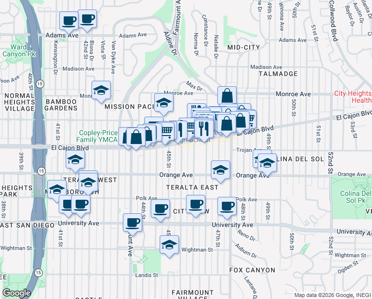 map of restaurants, bars, coffee shops, grocery stores, and more near 4575 El Cajon Boulevard in San Diego