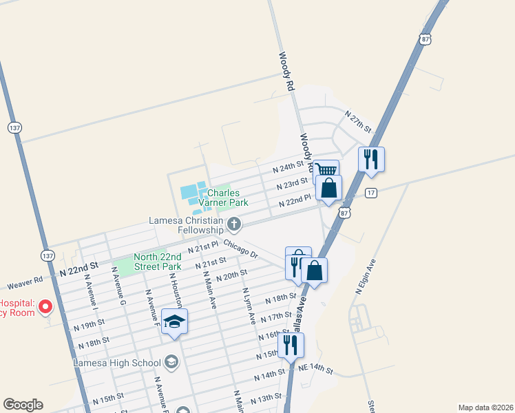 map of restaurants, bars, coffee shops, grocery stores, and more near North Boston Avenue in Lamesa