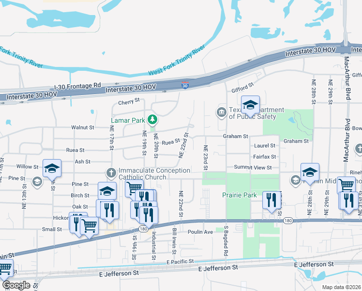 map of restaurants, bars, coffee shops, grocery stores, and more near 2118 Ruea Street in Grand Prairie