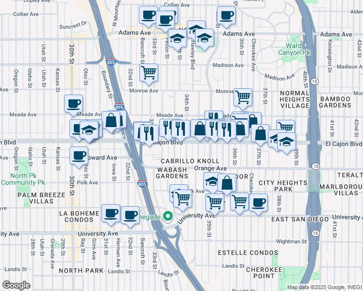 map of restaurants, bars, coffee shops, grocery stores, and more near 3400 El Cajon Boulevard in San Diego