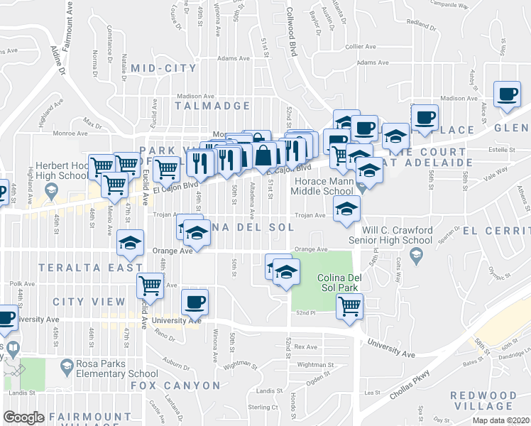 map of restaurants, bars, coffee shops, grocery stores, and more near 4321 Altadena Avenue in San Diego