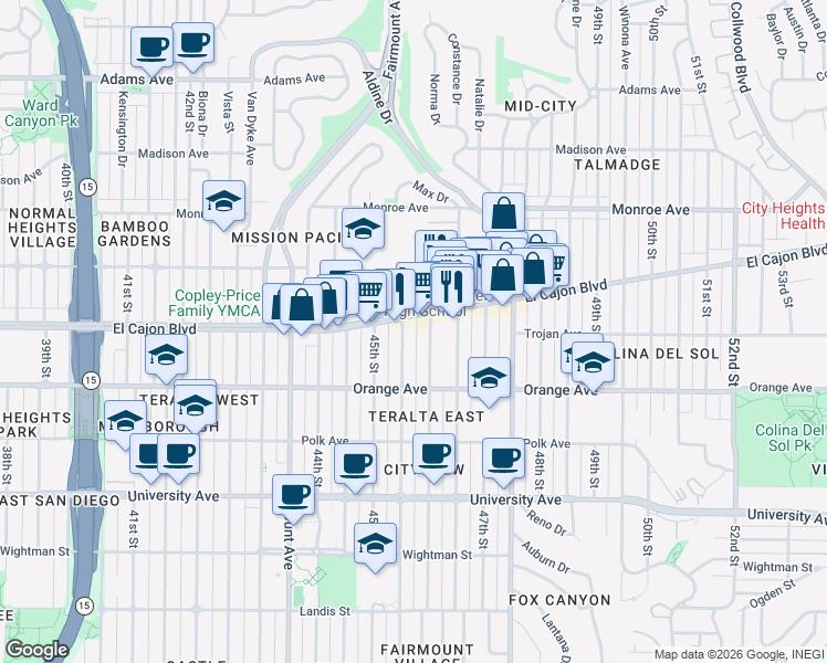 map of restaurants, bars, coffee shops, grocery stores, and more near 4575 El Cajon Boulevard in San Diego