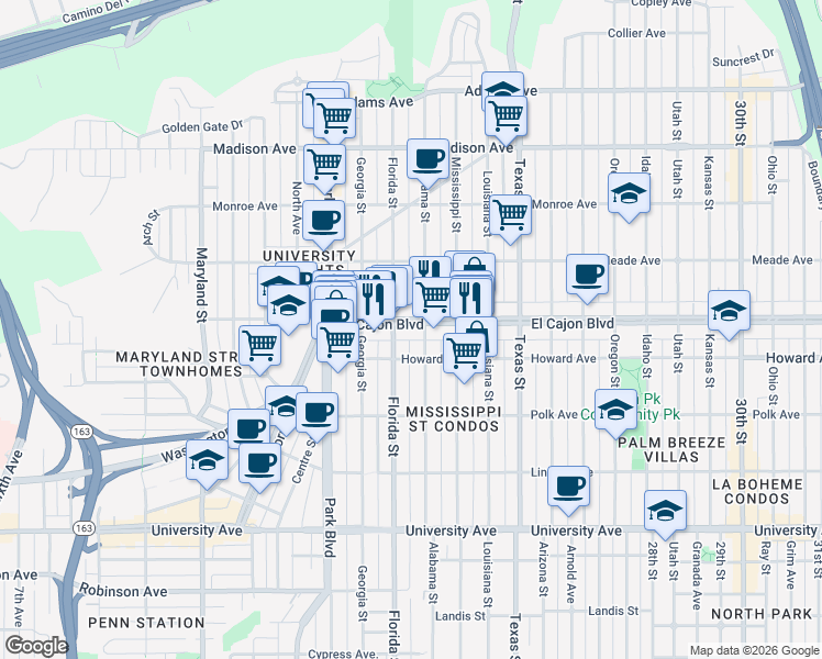 map of restaurants, bars, coffee shops, grocery stores, and more near 1810 El Cajon Boulevard in San Diego