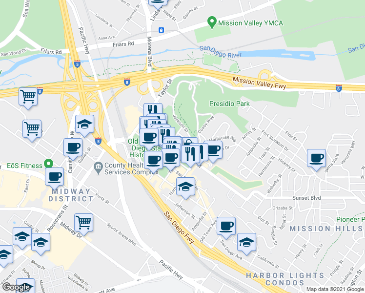 map of restaurants, bars, coffee shops, grocery stores, and more near 2635 Sunset Street in San Diego