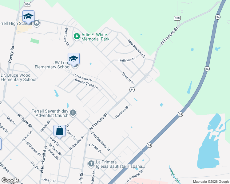 map of restaurants, bars, coffee shops, grocery stores, and more near 1717 North Frances Street in Terrell