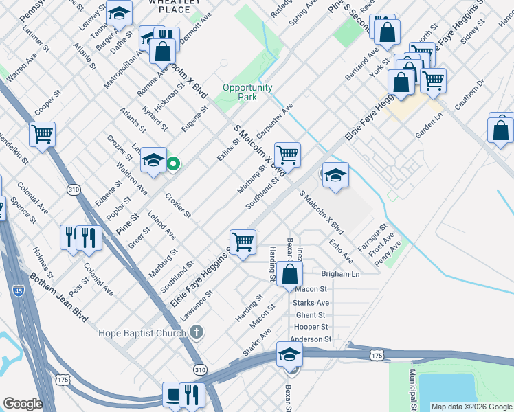 map of restaurants, bars, coffee shops, grocery stores, and more near 2639 Southland Street in Dallas
