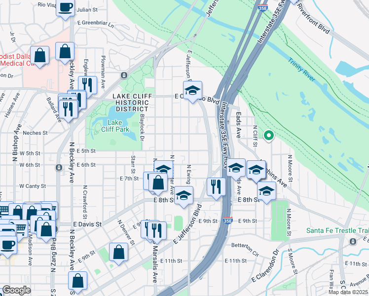 map of restaurants, bars, coffee shops, grocery stores, and more near 619 North Ewing Avenue in Dallas