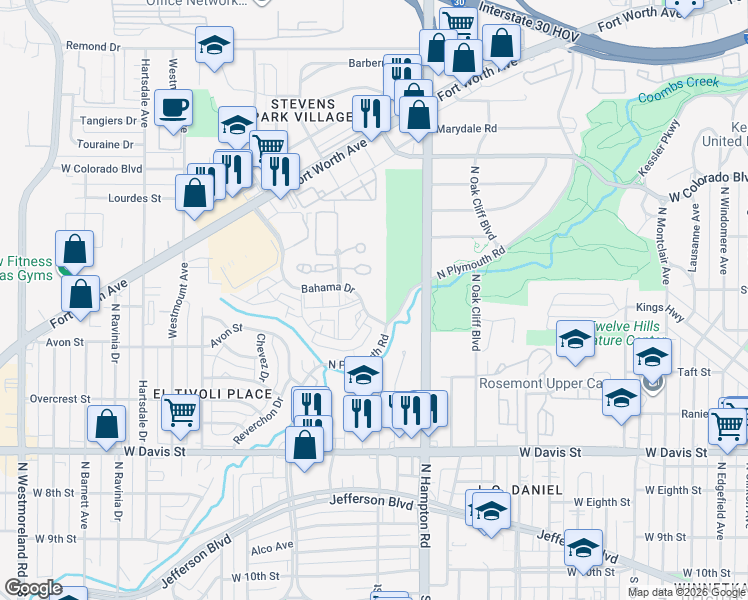 map of restaurants, bars, coffee shops, grocery stores, and more near 2449 Bahama Drive in Dallas