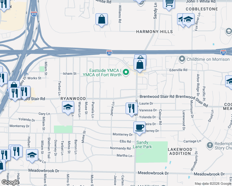 map of restaurants, bars, coffee shops, grocery stores, and more near 1605 Janice Lane in Fort Worth