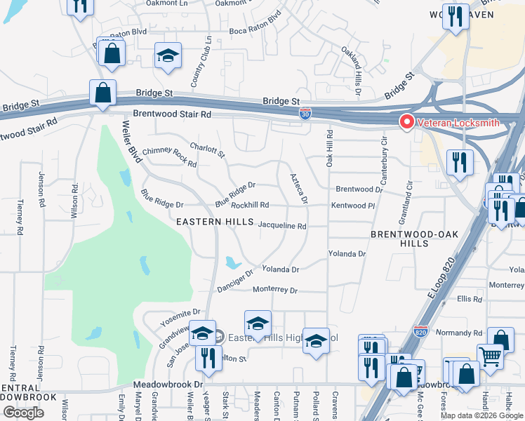 map of restaurants, bars, coffee shops, grocery stores, and more near 5787 Rockhill Road in Fort Worth