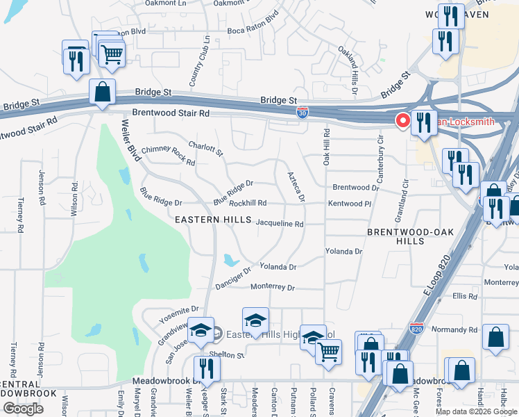 map of restaurants, bars, coffee shops, grocery stores, and more near 5787 Rockhill Road in Fort Worth