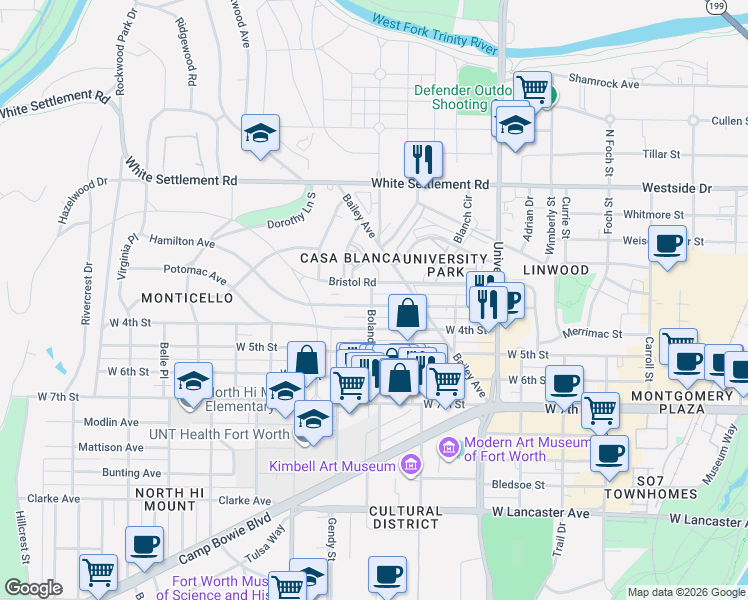 map of restaurants, bars, coffee shops, grocery stores, and more near 3331 Bristol Road in Fort Worth