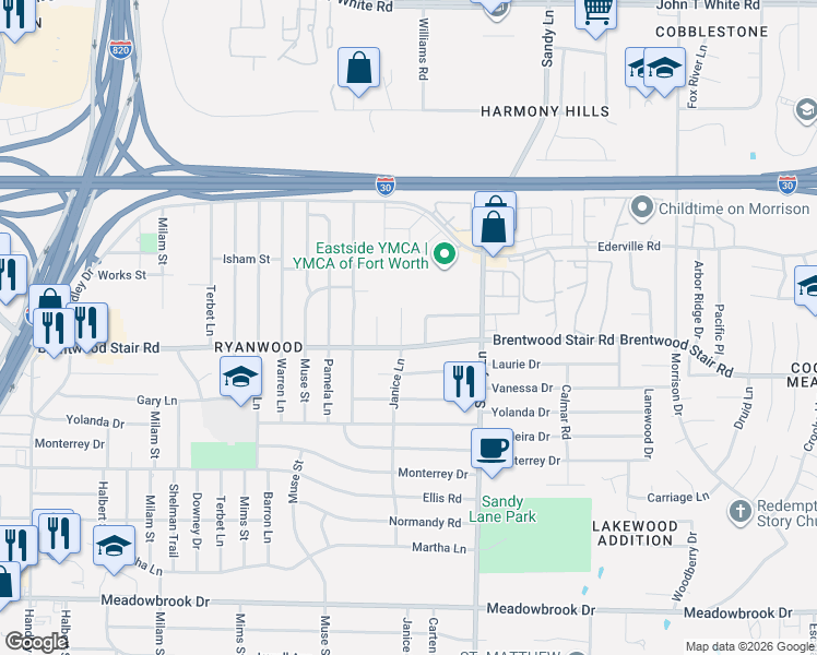 map of restaurants, bars, coffee shops, grocery stores, and more near 1605 Janice Lane in Fort Worth