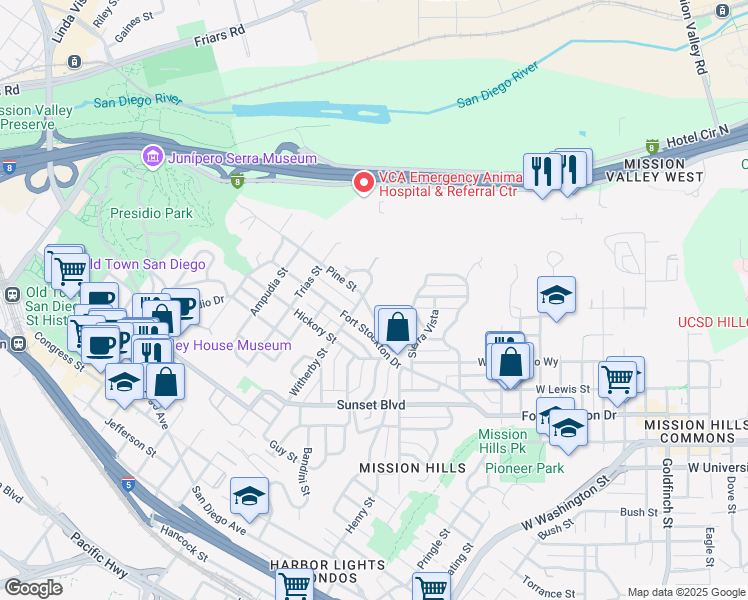 map of restaurants, bars, coffee shops, grocery stores, and more near 2172 Pine Street in San Diego
