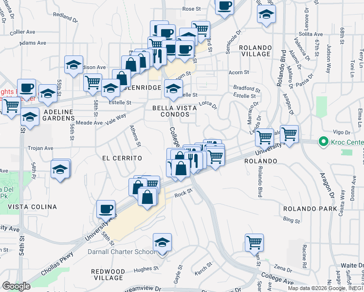 map of restaurants, bars, coffee shops, grocery stores, and more near 4281 View Place in San Diego