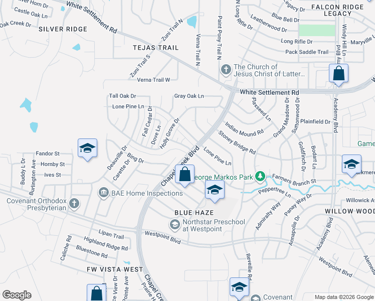 map of restaurants, bars, coffee shops, grocery stores, and more near 10301 Lone Pine Lane in Fort Worth