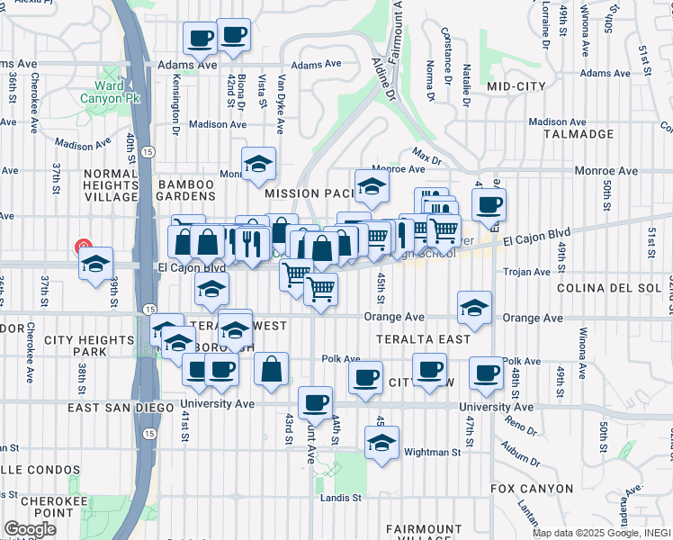 map of restaurants, bars, coffee shops, grocery stores, and more near El Cajon Blvd & 44th St in San Diego