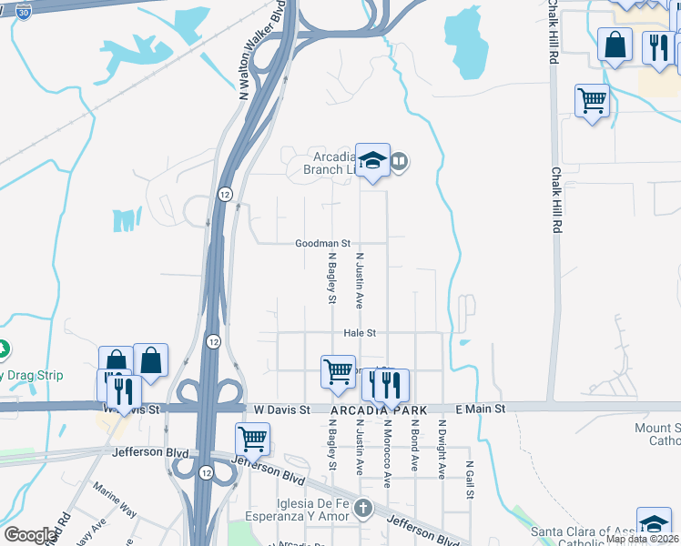 map of restaurants, bars, coffee shops, grocery stores, and more near 1147 North Justin Avenue in Dallas