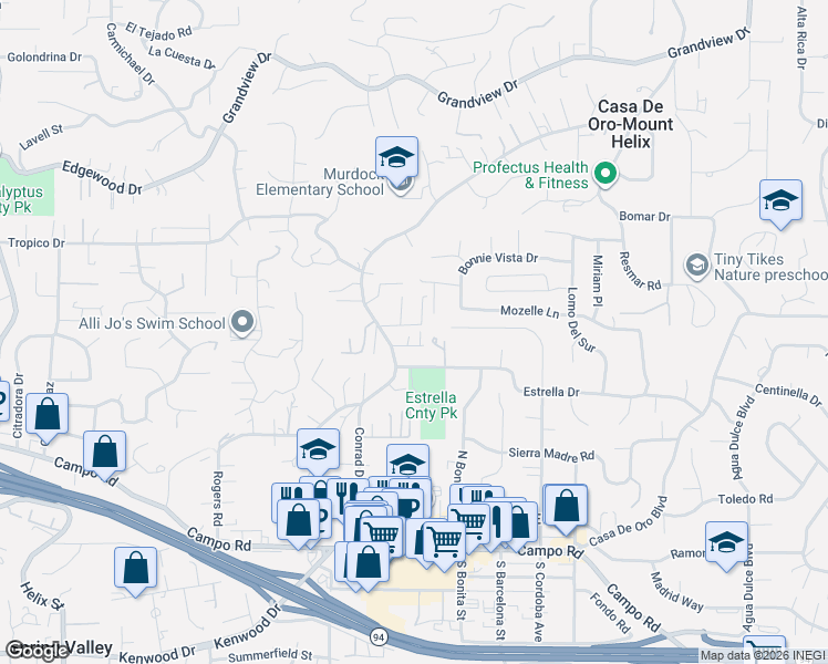 map of restaurants, bars, coffee shops, grocery stores, and more near 4121 Conrad Drive in Spring Valley