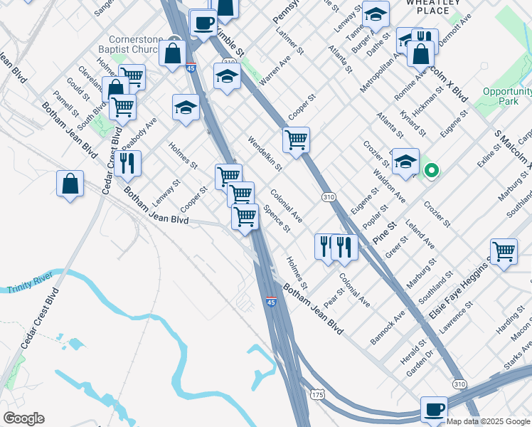 map of restaurants, bars, coffee shops, grocery stores, and more near 3727 Spence Street in Dallas