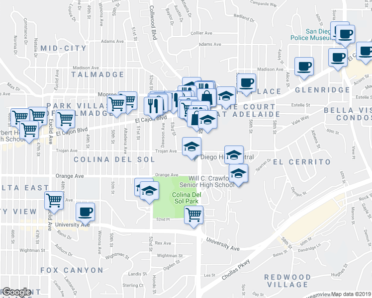 map of restaurants, bars, coffee shops, grocery stores, and more near 5350 Trojan Avenue in San Diego