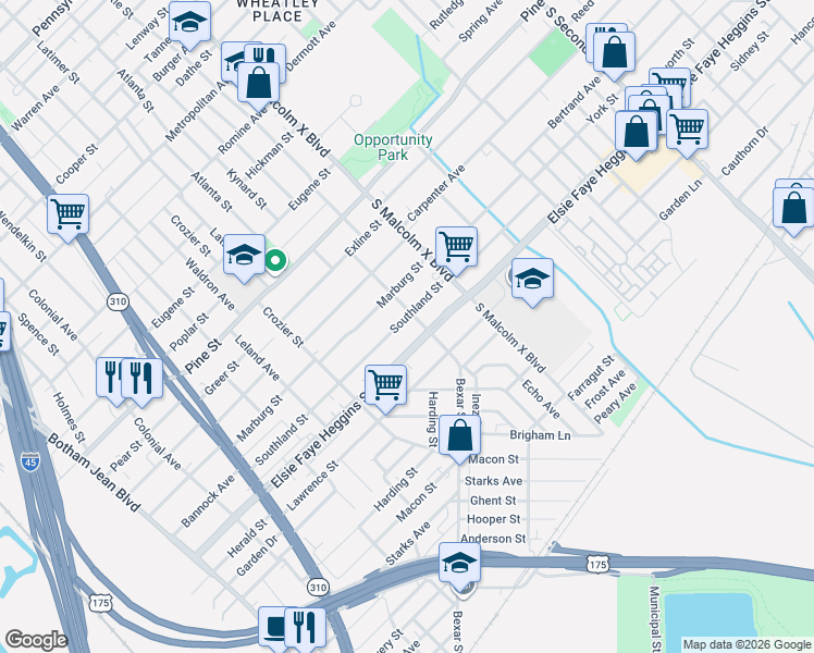 map of restaurants, bars, coffee shops, grocery stores, and more near 2639 Southland Street in Dallas