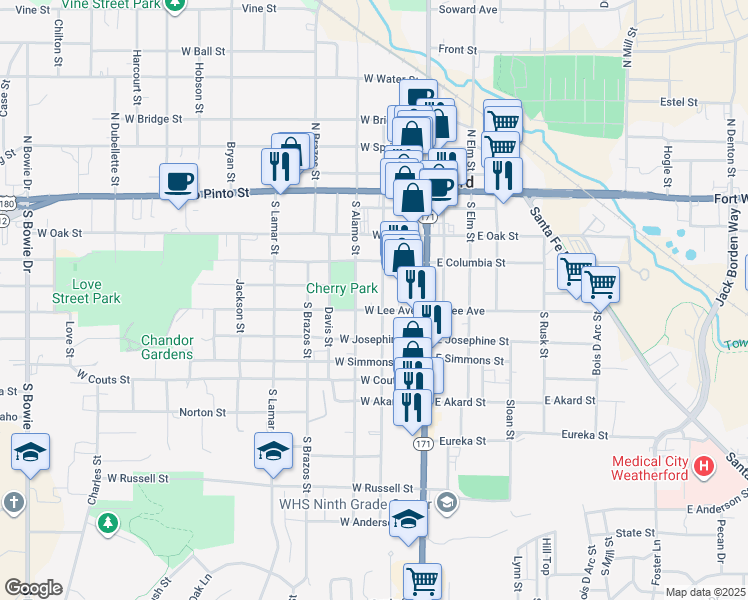 map of restaurants, bars, coffee shops, grocery stores, and more near 313 South Alamo Street in Weatherford