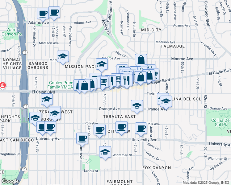 map of restaurants, bars, coffee shops, grocery stores, and more near 4575 El Cajon Boulevard in San Diego
