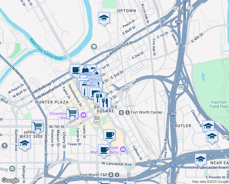 map of restaurants, bars, coffee shops, grocery stores, and more near 600 Grove Street in Fort Worth