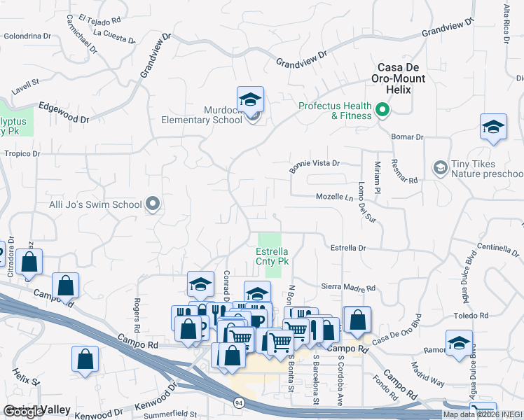 map of restaurants, bars, coffee shops, grocery stores, and more near 4155 Conrad Drive in Spring Valley