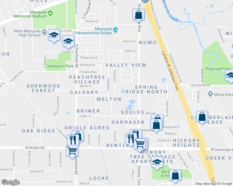 map of restaurants, bars, coffee shops, grocery stores, and more near 1104 Powell Circle in Mesquite