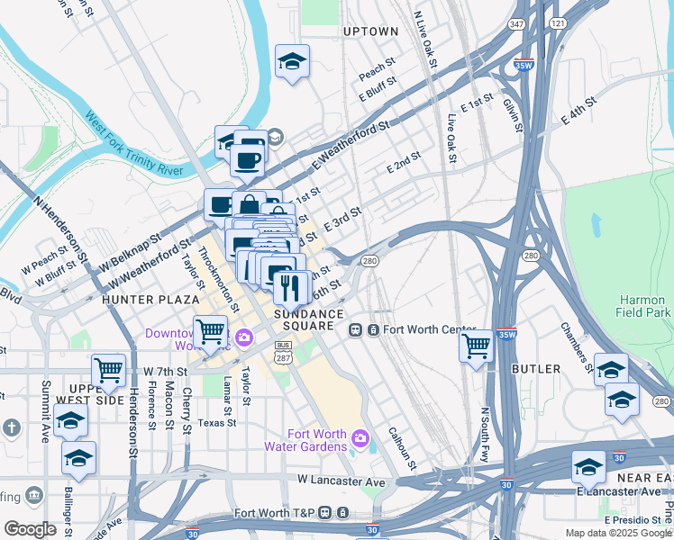 map of restaurants, bars, coffee shops, grocery stores, and more near 600 Grove Street in Fort Worth