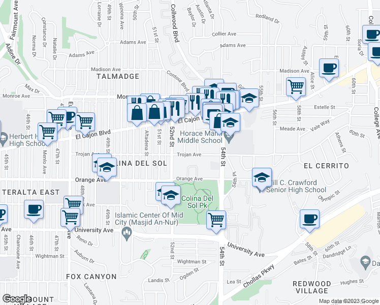 map of restaurants, bars, coffee shops, grocery stores, and more near 4333 Dawson Avenue in San Diego
