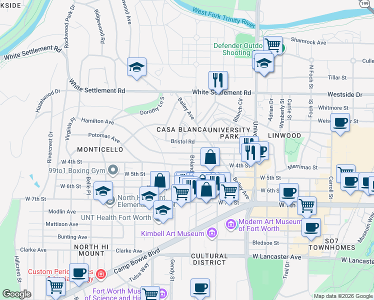 map of restaurants, bars, coffee shops, grocery stores, and more near 3331 Bristol Road in Fort Worth